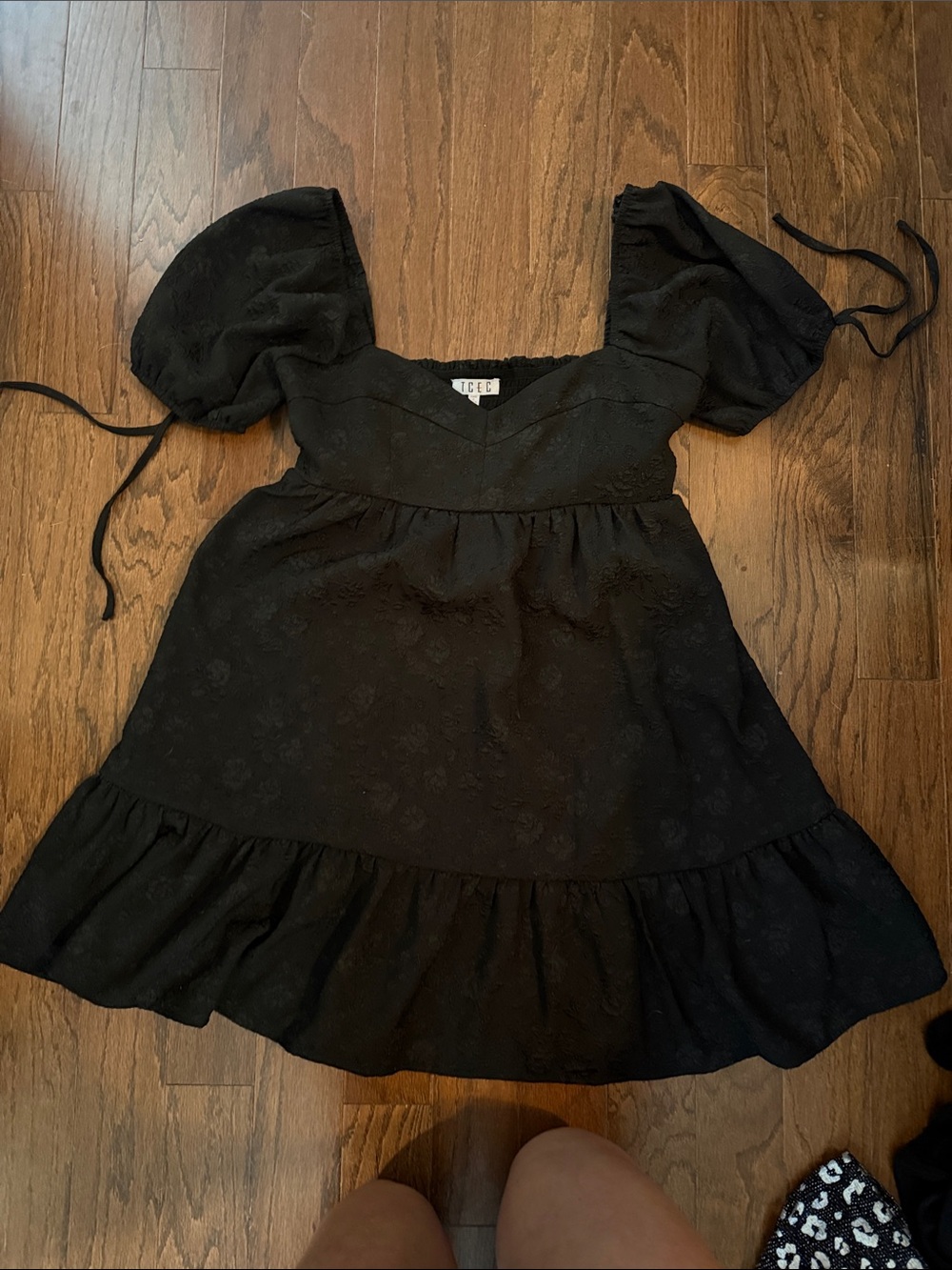 TCEC Black Puff Sleeve Mini Dress with Ruffle Hem